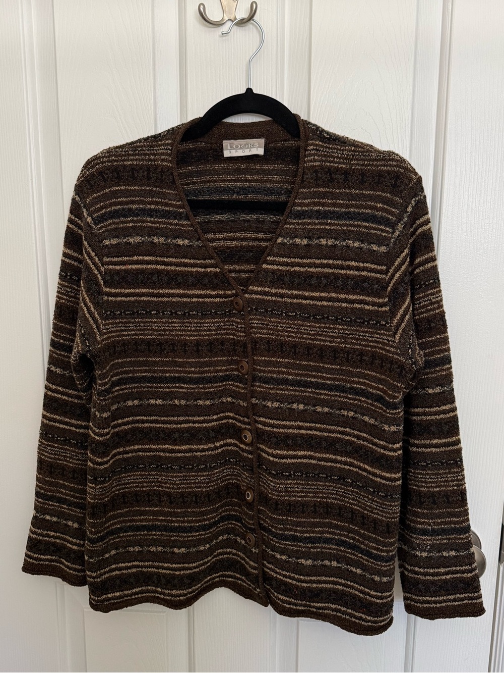 Vintage Looks Sport Striped Knit Button-Up Cardigan in Brown Tones